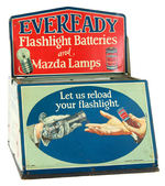 "EVEREADY FLASHLIGHT BATTERIES AND MAZDA LAMPS" TIN/GLASS STORE DISPLAY.