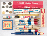 COCA-COLA EIGHT SAFE DRIVING AWARDS & EARLY PENCIL PLUS PEPSI BOXED PEN AND EIGHT OTHER PENS.