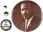 FOUR CIVIL RIGHTS BUTTONS INCLUDING 6" MARTIN LUTHER KING PORTRAIT.