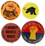 FOUR BLACK PANTHER BUTTONS INCLUDING "REMEMBER RUCHELL MAGEE."