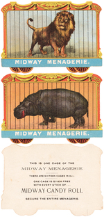 "MIDWAY MENAGERIE/MIDWAY CANDY ROLL" FREE STANDING CARDS NEAR SET.