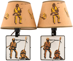 "DAVY CROCKETT" RARE CERAMIC TILE LAMP PAIR & MATCHING SHADES.