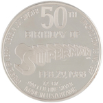 SUPERMAN 50th ANNIVERSARY SILVER POUND MEDALLION IN PRESENTATION CASE.