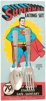 "SUPERMAN EATING SET" CARDED SILVERWARE & THREE-PIECE DISH SET.