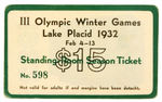 OLYMPIC 1932 LAKE PLACID CELLULOID GAMES TICKET PLUS 1956 "ART DEVLIN DAY" BUTTON.