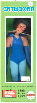 MEGO CATWOMAN IN BOX SCREENPRINTED BLUE LEG VARIETY.