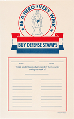 SUPERMAN WORLD WAR II "BUY DEFENSE STAMPS" SCHOOLS AT WAR STUDENT RECOGNITION SHEET.