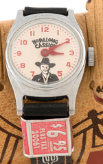 "HOPALONG CASSIDY WRIST WATCH" ON SADDLE IN DISPLAY BOX.