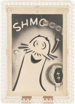 SHMOO PLASTER FIGURAL TRIO & FRAMED FLICKER/FLASHER PICTURE.