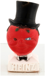 HEINZ RECIPE BOX WITH FIGURAL MR. TOMATO HEAD HANDLE.