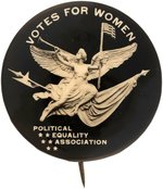 EXCEPTIONAL "VOTES FOR WOMEN POLITICAL EQUALITY ASSOCIATION" BLACK AND WHITE REAL PHOTO BUTTON.