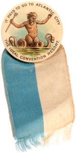 SEA GOD PROMOTES ATLANTIC CITY RESORT C. 1900 BUTTON WITH ORIGINAL RIBBON.