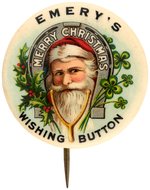 "EMERY'S WISHING BUTTON" WITH SANTA FRAMED BY HORSESHOE AND WISHBONE.