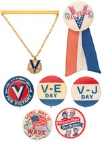 WORLD WAR II SIX VICTORY BUTTONS PLUS VICTORY BRASS/ENAMEL TIE BAR.