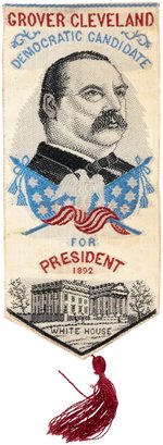 CLEVELAND WOVEN SILK "FOR PRESIDENT" 1892 PORTRAIT RIBBON GC-75A RARE VARIETY.