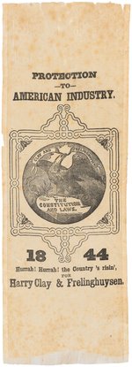 "HURRAH! HURRAH! THE COUNTRY'S RISIN', FOR HENRY CLAY & FRELINGHUYSEN" 1844 SILK RIBBON.