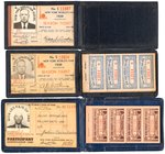 NEW YORK WORLD'S FAIR 1939 I.D. CARDS IN CASES, FOUR MINIATURE KNIVES, ONE KNIFE 1965.