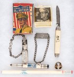 MacARTHUR WWII ERA GROUP INCLUDING CANDY BOX, RARE KNIFE, TWO RARE PENCILS.