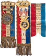 TRIO OF ORNATE UNITED MINE WORKERS OF AMERICA "8 HOURS" RIBBON BADGES.