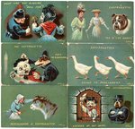 SEVEN ANTI-SUFFRAGE POST CARDS INCLUDING COMPLETE BRITISH SET OF SIX ILLUSTRATED BY ELLAM.