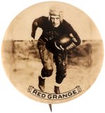 RED GRANGE BUTTON WITH OUTSTANDING SEPIA REAL PHOTO OF HIM RUNNING WITH BALL.