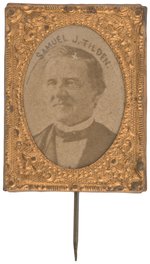 TILDEN 1876 CARDBOARD PHOTO IN BRASS SHELL PIN UNLISTED IN DeWITT AND HAKE.