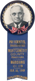 TRUMAN GRAPHIC BUTTON WITH RARELY SEEN MONTGOMERY CO. MARCHING CLUB INAUGURAL RIBBON.