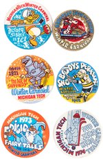 MICHIGAN TECH WINTER CARNIVAL SIX BUTTONS 1968-1974 W/ CHARACTERS INCL.  HOMER SIMPSON LOOK-ALIKE.