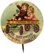 "THE SHERWOOD SPRING COASTER" SUPERB COLOR BUTTON FOR CHILD'S WAGON TOY.