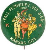 KORN KARNIVAL KANSAS CITY 1898 "FALL FESTIVITIES" BUTTON WITH DEVIL, LADY & CLOWN.