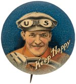 GRAPHIC AUTO DRIVER WITH GOGGLES PROMOTING U.S. RUBBER TIRES AD BUTTON.