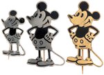 MICKEY MOUSE 1930s BRITISH TRIO OF DIFFERENT ENAMEL ON METAL PINS, ONE SILVER.