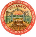 BEAUTIFUL "DELEGATE" BUTTON FROM OMAHA CHRISTIAN CONVENTION 1902 HAKE BOOK COLOR PLATE.