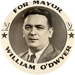 O'DWYER BIG REAL PHOTO BUTTON FOR 1945 MAYOR OF NYC SUCCESSFUL CAMPAIGN.