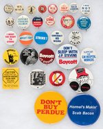 29 BUTTONS SPANNING 100 YEARS OF LABOR AND UNION STRIKES AND BOYCOTTS.