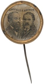 "GARFIELD & ARTHUR" 1880 STEEL ENGRAVING STYLE JUGATE IN BRASS RIM WITH STICKPIN.