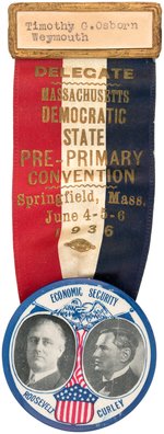 ROOSEVELT/CURLEY COATTAIL JUGATE BUTTON ON MASS. DEMO. STATE CON. RIBBON ALL IN ORIGINAL BOX.