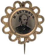 "H. SEYMOUR" 1868 FERROTYPE IN BRASS SHELL FRAME WITH DECORATED OPEN LOOPS.