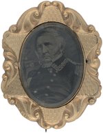 SCOTT AS MILITARY COMMANDER TINTYPE UNDER GLASS IN ORNATE FRAME WITH FABRIC ROSETTE C. 1861.