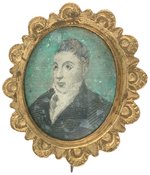 MARQUIS de LAFAYETTE HAND COLORED ENGRAVING UNDER GLASS IN BRASS BROOCH PIN.