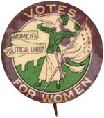 "VOTES FOR WOMEN" BUTTON WITH TRUMPETER AND 11 STAR FLAG.