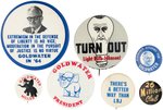 SEVEN GOLDWATER BUTTONS INCLUDING PORTRAIT BUTTON WITH "EXTREMISM" QUOTE.