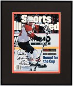 ERIC LINDROS SIGNED GAME-USED HOCKEY STICK & FRAMED "SPORTS ILLUSTRATED" COVER.