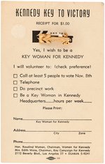 "KENNEDY KEY TO VICTORY" 1960 CAMPAIGN CONTRIBUTOR PIN BACK ON ORIGINAL POST CARD.