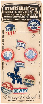 "MIDWEST BADGE & NOVELTY CO." SALES CARD WITH SCARCE DEWEY/WARREN JUGATE BUTTON UNLISTED IN HAKE.