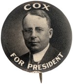 "COX FOR PRESIDENT" RARE 1920 PORTRAIT BUTTON HAKE BOOK PLATE EXAMPLE.
