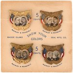 McKINLEY/ROOSEVELT AND BRYAN/STEVENSON JUGATE SHELL BADGES ON ORIGINAL SALES CARD.