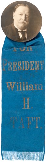 "FOR PRESIDENT WILLIAM H. TAFT" RIBBON ON SEPIA TONED REAL PHOTO PORTRAIT BUTTON.