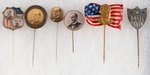 McKINLEY 1896 AND 1900 CAMPAIGNS SIX STICKPINS INCLUDING RARE JUGATE.