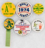 OAKLAND A's SIX UNLISTED CHAMPIONSHIP BUTTONS FROM THE MUCHINSKY COLLECTION.